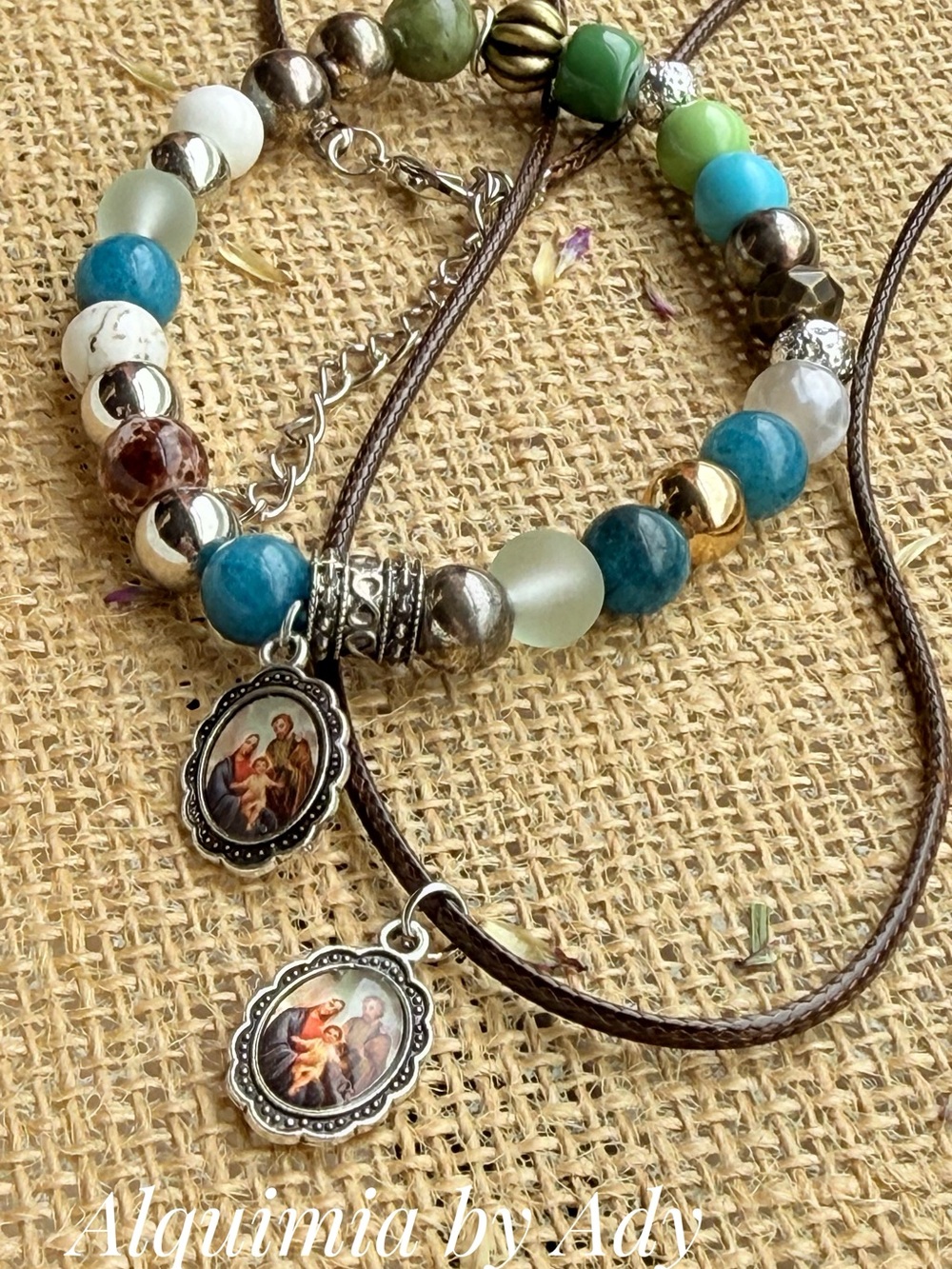 Turquoise, Green and Gold Beaded Religious Bracelet + necklace Set